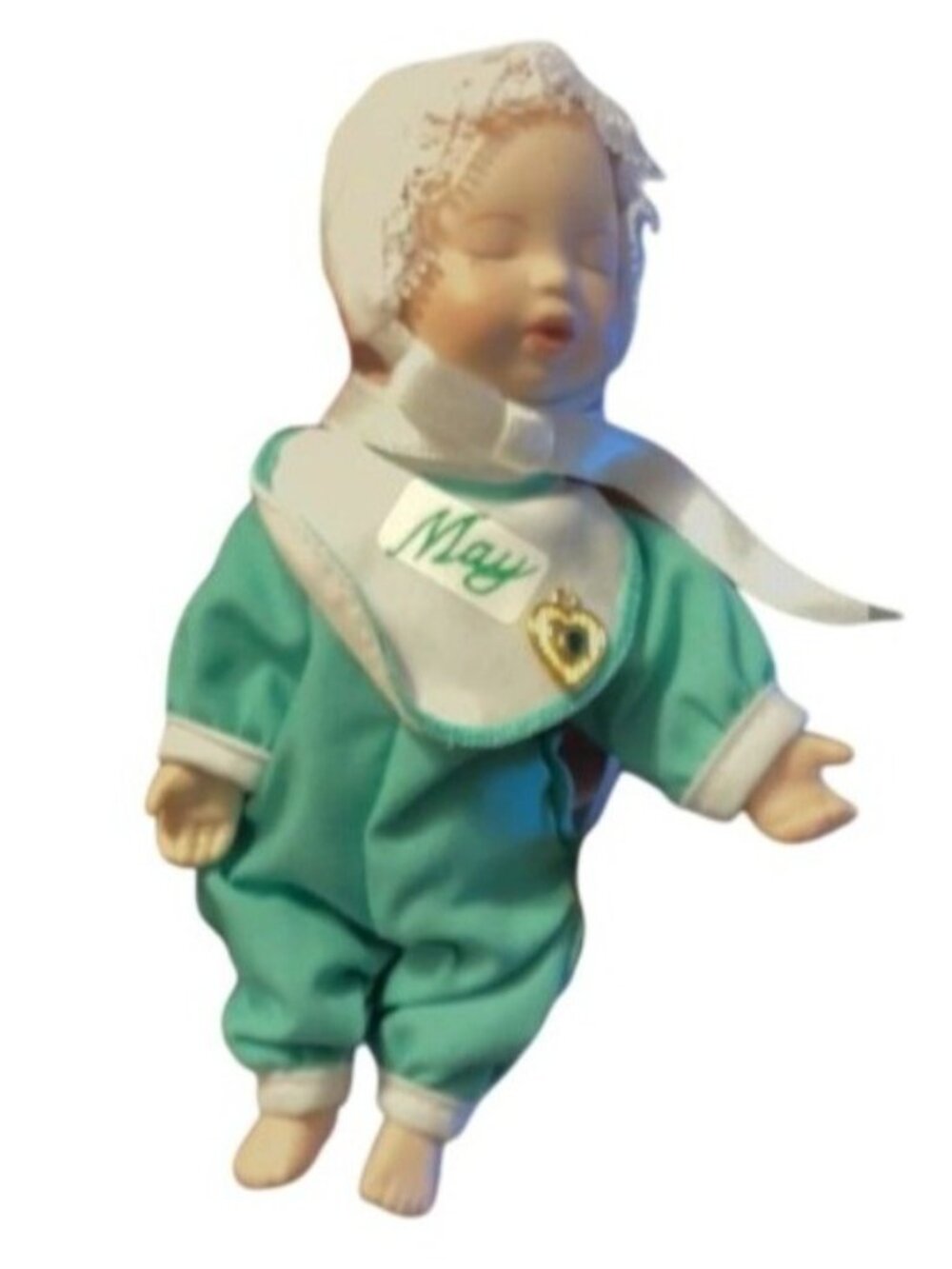 Vintage Ashton-Drake May Baby Collectible Porcelain Doll Bib & Heart Button 1997